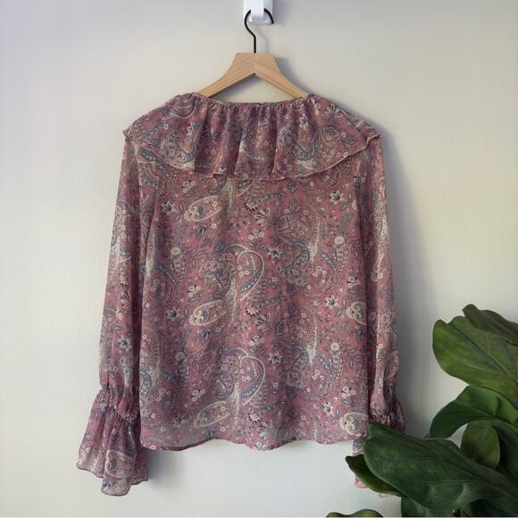 Show Me Your MuMu Sheer Long Sleeve Peasant Top Floral Paisley Lace Up Neckline - Picture 2 of 13